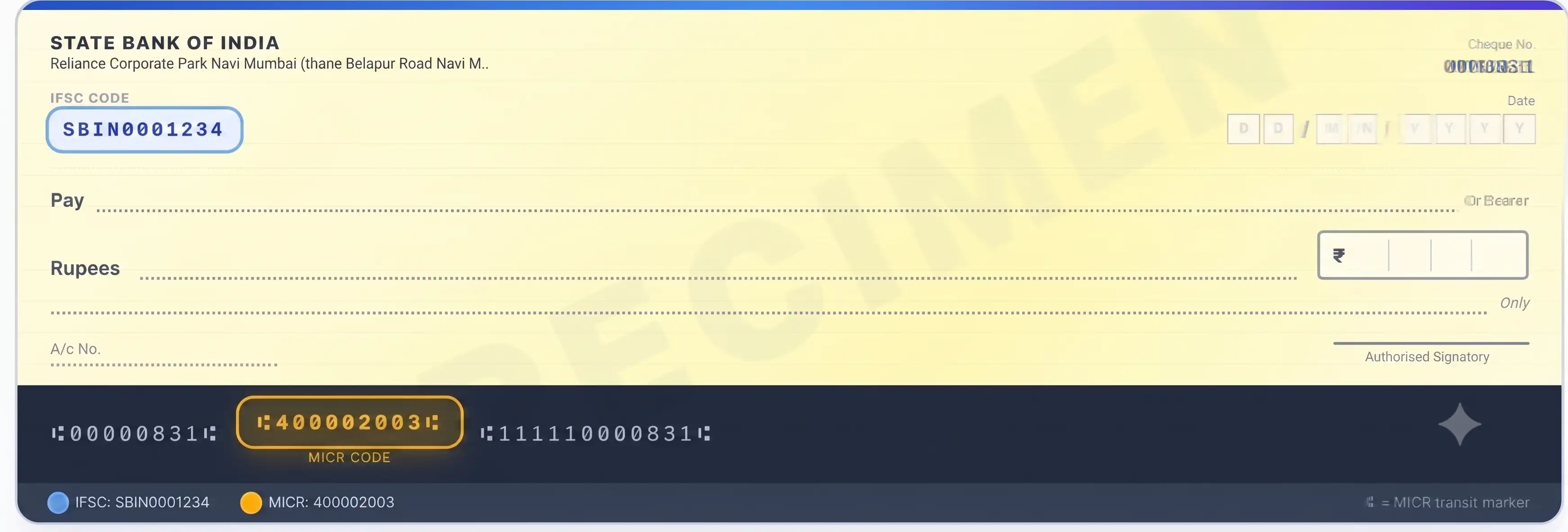 Where to find the IFSC and MICR code on an Indian bank cheque